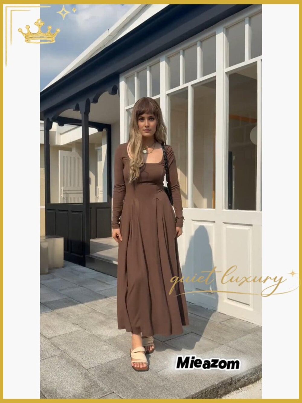 Women Long Sleeve Square Neck Maxi Dress A-Line Pleated Flowy with Pockets - Picture 6 of 6